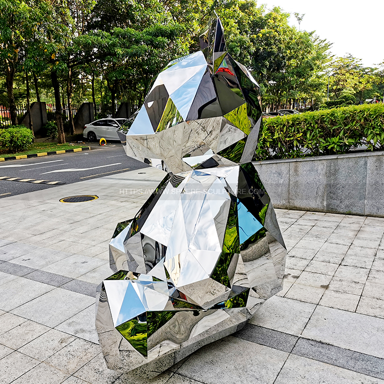 Mirror polished stainless steel block bear sculpture